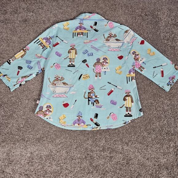 Nick & Nora Pajama Shirt Womens Large Blue Sock Monkey Top Button Up AOP - Picture 2 of 8